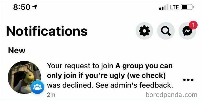 Notification showing a declined request to join a group, suggesting a surprise rare compliment by exclusion.