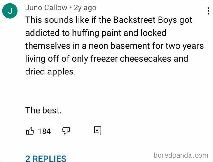 Rare compliment comparing a band to living off cheesecakes and apples in a neon basement, gaining 184 likes online.