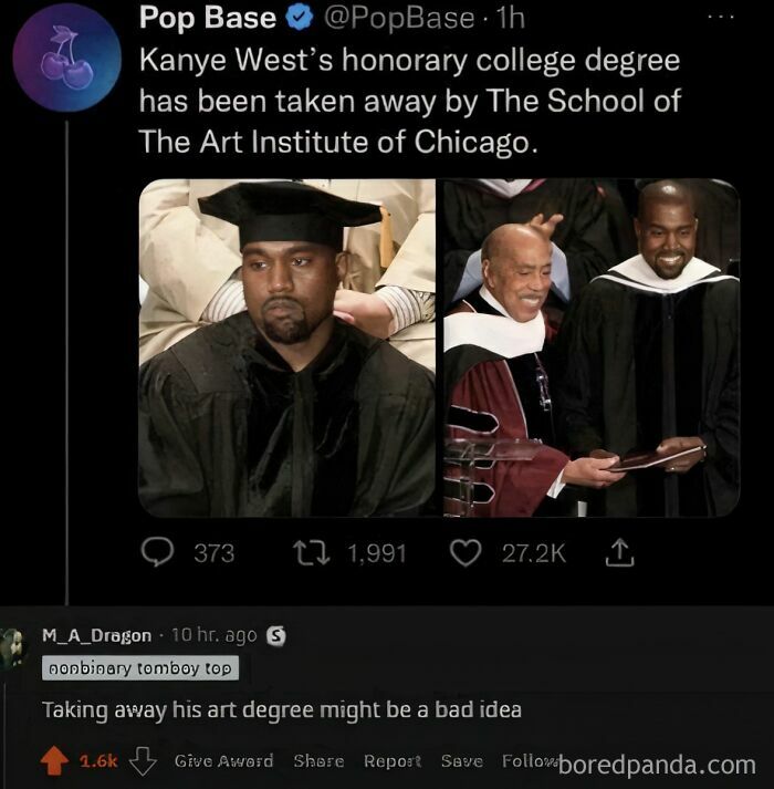 Tweet about an honorary degree being revoked, showcasing a humorous internet post reaction.