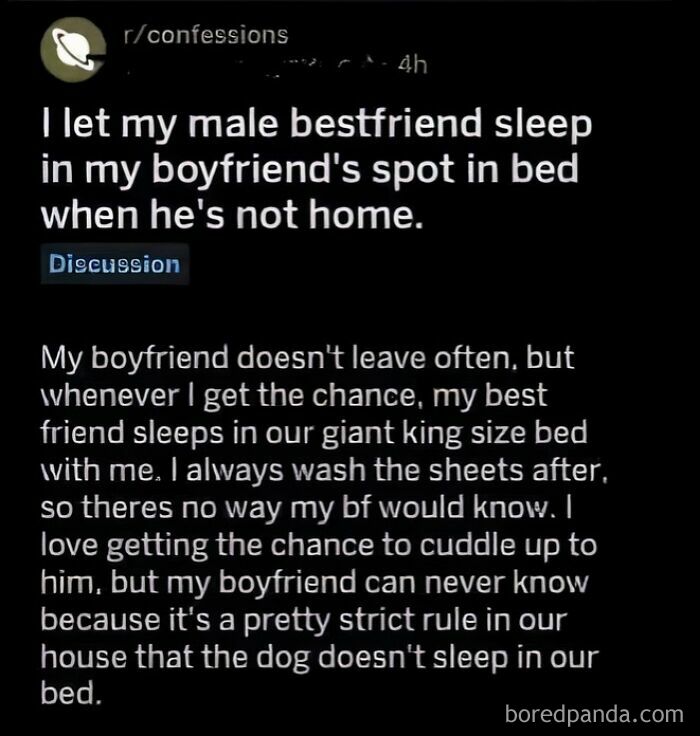 Confession post about letting a male best friend sleep over in boyfriend&rsquo;s absence, with a twist ending.