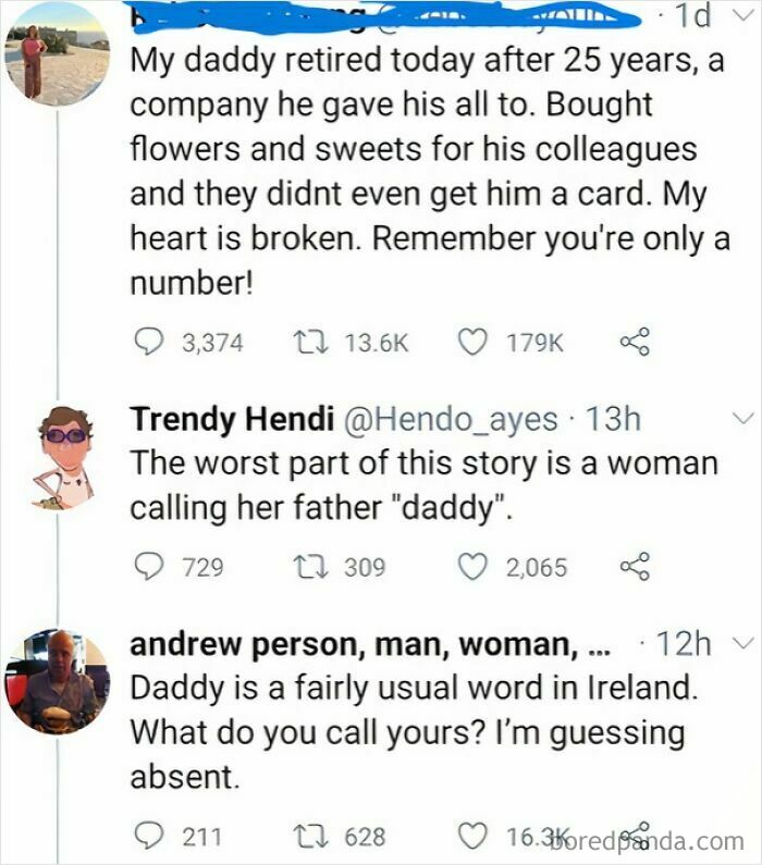 Humorous exchange on social media, showcasing random internet posts about calling a father &ldquo;daddy.&quot;