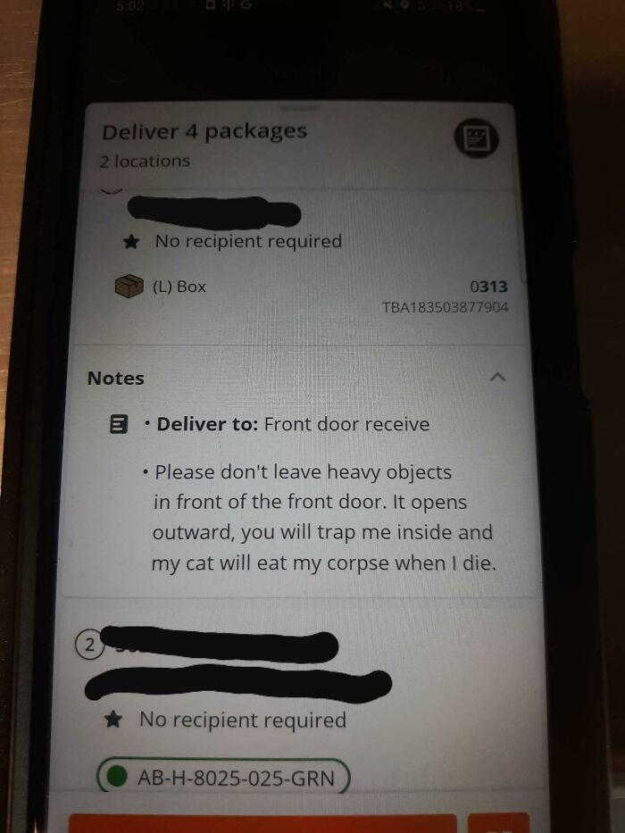 Delivery driver reads a humorous work-related meme about package instructions on a phone screen.