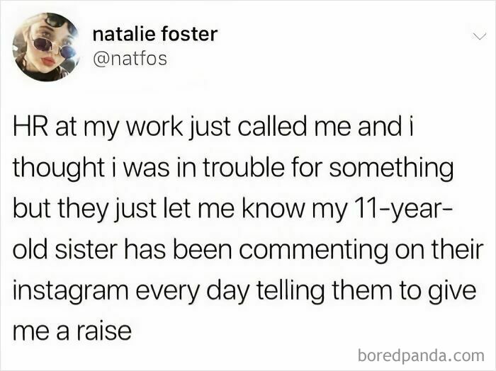 Work-related meme featuring a humorous HR story about a sibling advocating for a raise on Instagram.