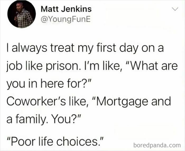 Work-related meme about starting a new job, comparing it to prison, referencing mortgages and life choices.