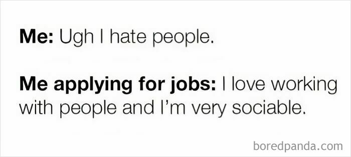 Work-related meme contrasting personal feelings with job applications.