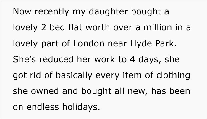 Text about a woman changing lifestyle after inheriting a massive fortune, buying a luxury flat and taking holidays.