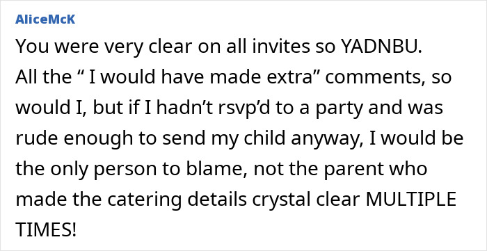 Text comment about kids left with no food due to parents' RSVP refusal at a birthday party.