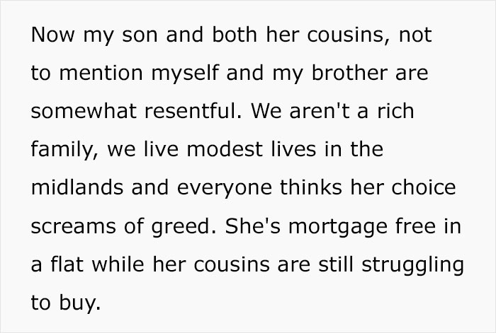 Text describing family resentment due to inheritance, highlighting wealth disparity after a woman&rsquo;s will divides a fortune.