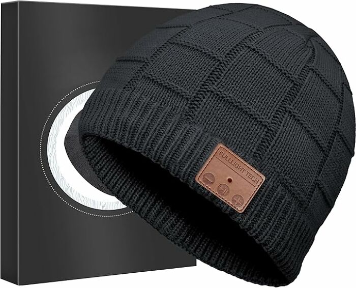 Black knitted beanie by FullLight with tech features, highlighting a cheap version that excels.