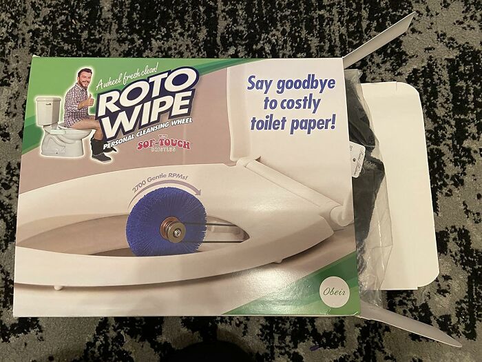 Roto Wipe box displaying a humorous alternative to toilet paper with a playful design.