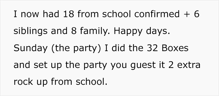 Text about kids' party attendance issues due to no RSVP from parents.