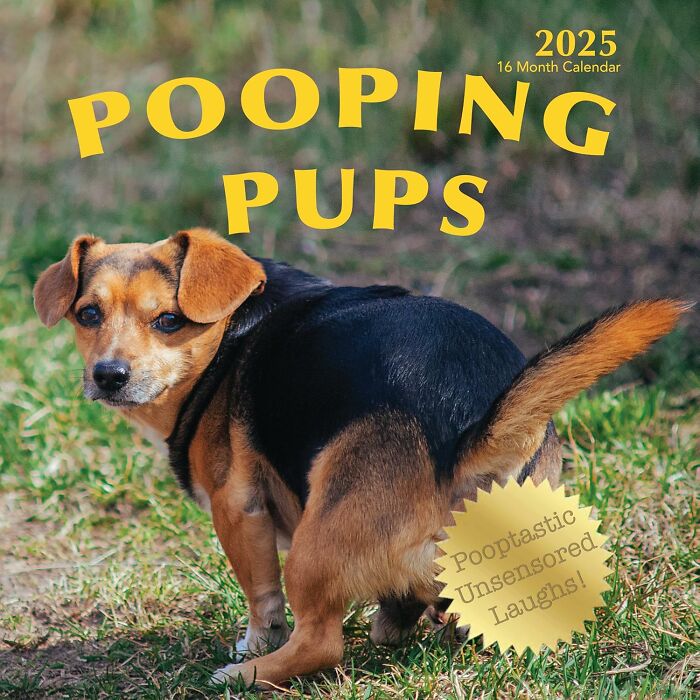 Dog humorously caught in action, featured on a &ldquo;Pooping Pups&rdquo; calendar cover.