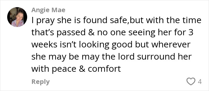 Comment expressing concern for missing 95-year-old woman, hoping she is found safe.