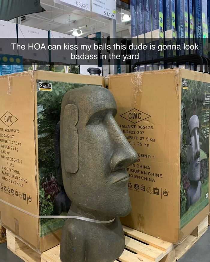 Stone Moai statue in store humorously defying HOA rules showcasing middle class fancy meme culture