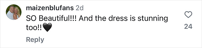 Comment praising Ivanka Trump's beauty and dress, with heart emoji and 24 likes.