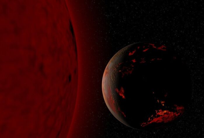 A distant planet illuminated by a red star, capturing the vast mystery of space in a cool Wikipedia article image.