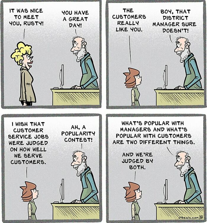 Comic about working in retail by Stephen Beals, highlighting the contrast between customer and manager preferences.