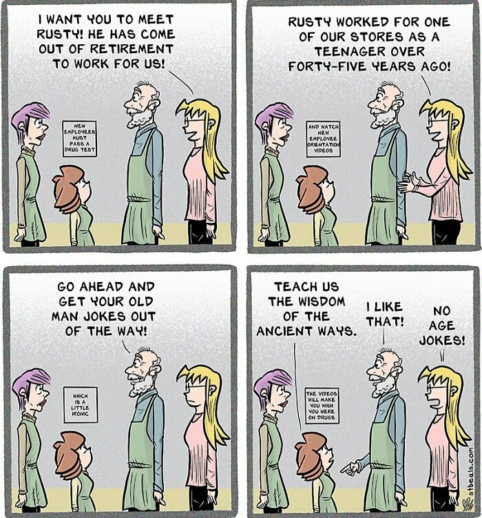 Comic strip humorously depicting a retired worker returning to a retail job, interacting with younger employees.