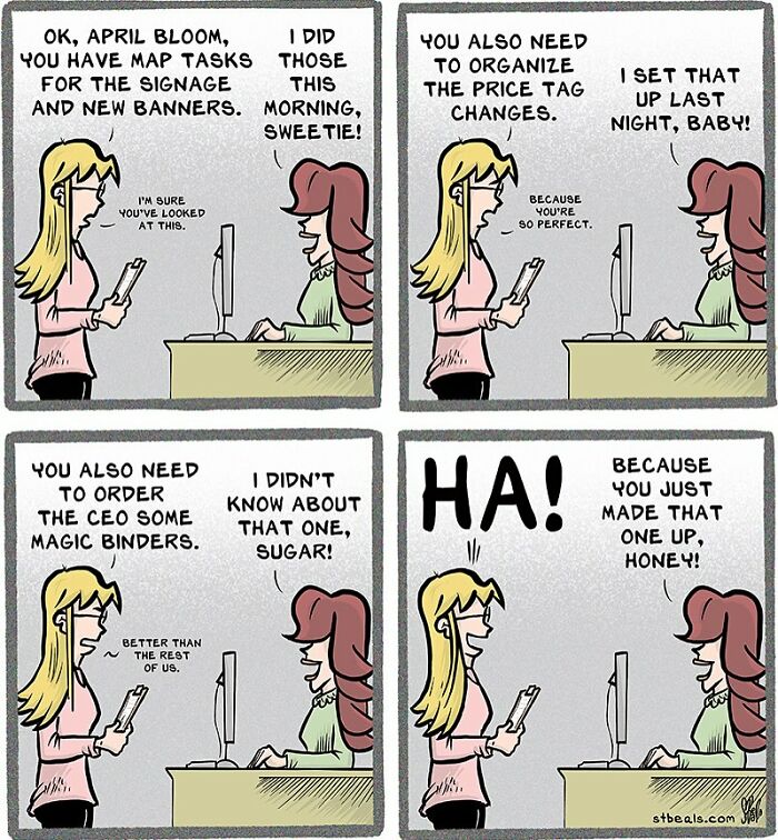 Comic strip illustrating hilarious retail interactions, featuring two characters humorously discussing tasks at a desk.