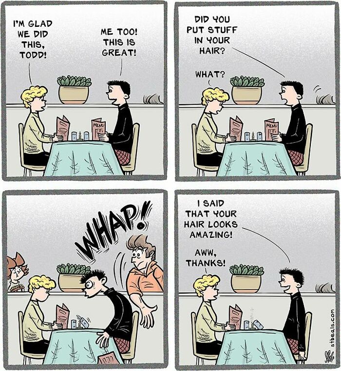 Hilarious comic by Stephen Beals captures funny retail-like conversation about hair at a restaurant.