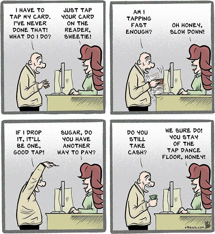 Comic by Stephen Beals humorously depicting a customer&rsquo;s struggle with card payment in retail.