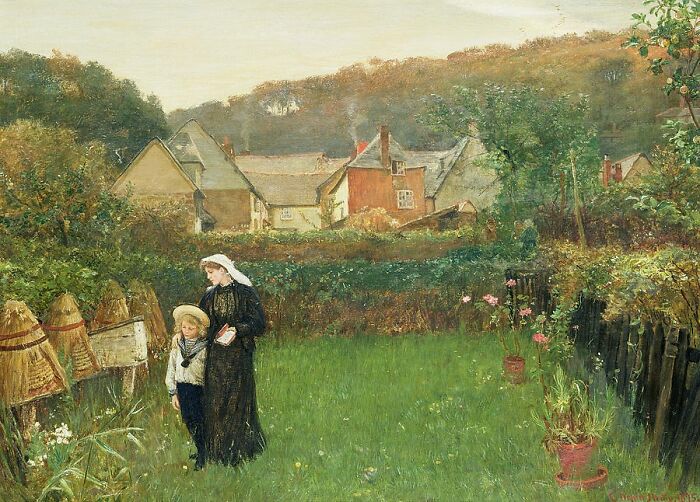 A woman and child in a lush garden, near beehives, with village houses and forest in the background, capturing cool Wikipedia content.