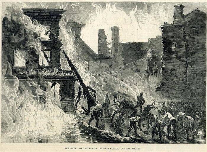 Historic illustration of the Great Fire in Dublin, showing firefighters combating the blaze amidst smoking ruins.