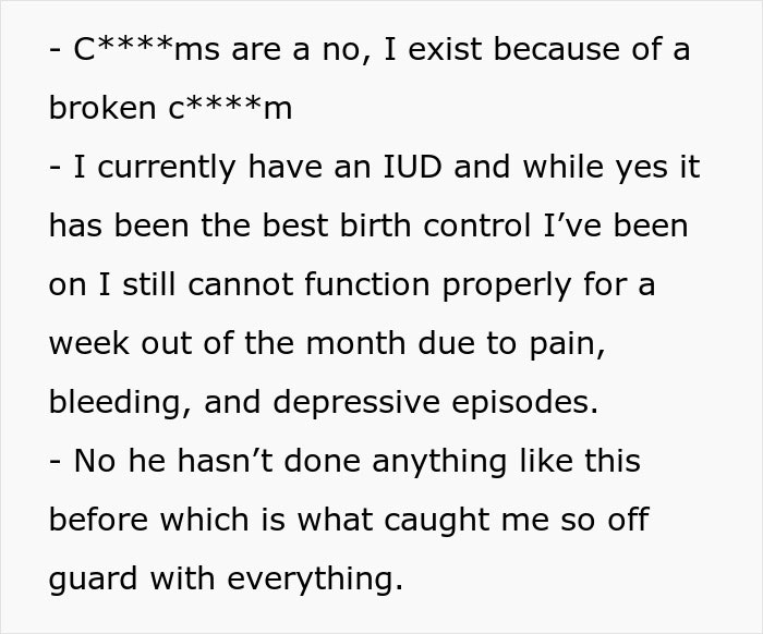 Text about using an IUD and experiences with birth control, highlighting issues with pain and depression.