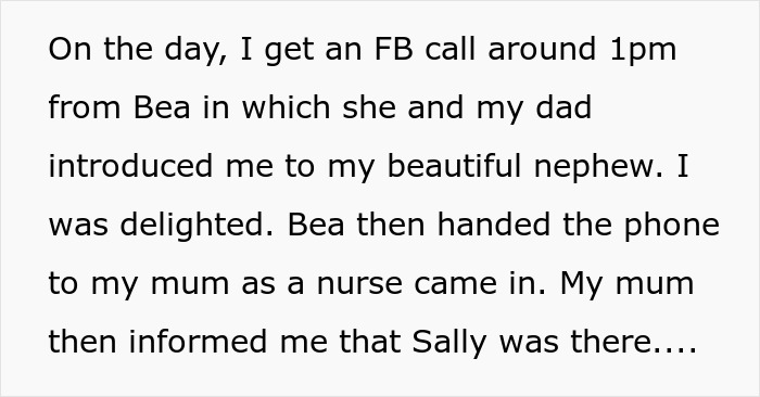 Text from a woman feeling excluded by family during nephew's birth call.