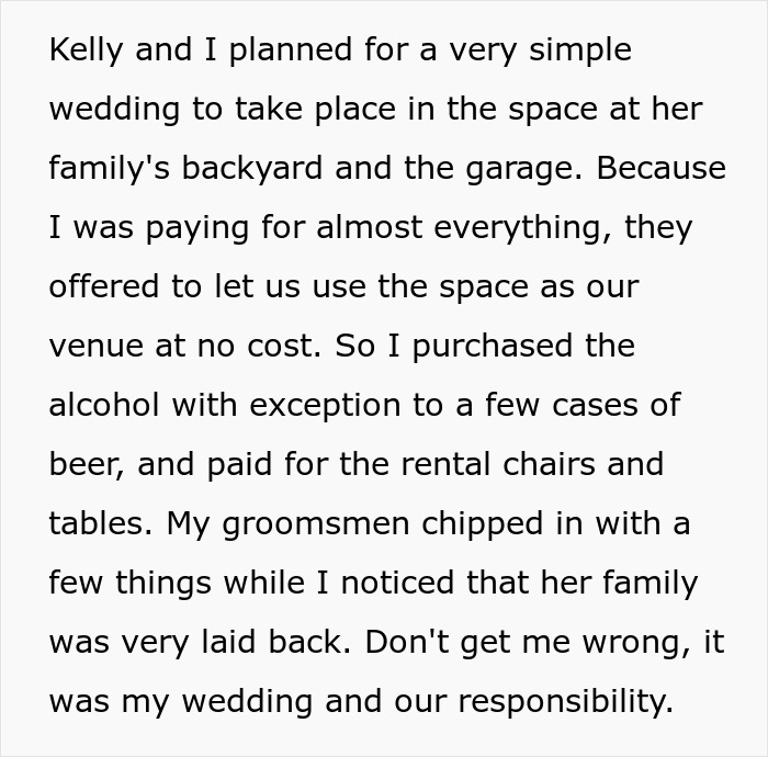 Text about wedding planning and financial responsibilities before a canceled wedding due to in-laws’ behavior.