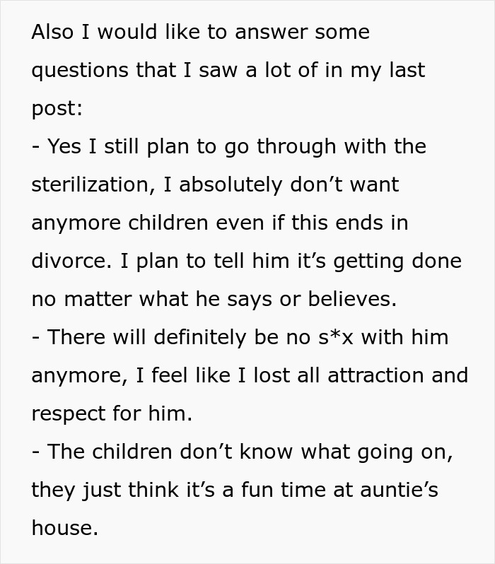 Text discussing sterilization decision against partner's wishes, ending attraction, and children unaware of situation.