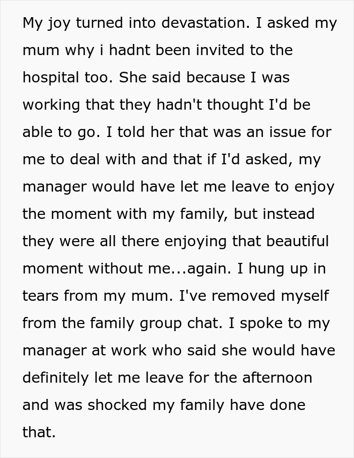 Text about a woman's feelings of exclusion from family events, including her sister's baby birth.