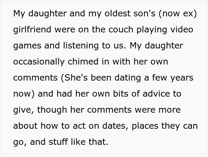 Text about a daughter and son's ex-girlfriend discussing dating and advice on relationships.