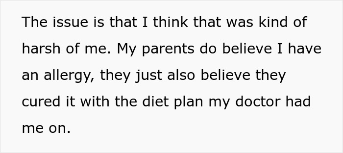 Text about parental beliefs regarding an allergy and a diet plan.