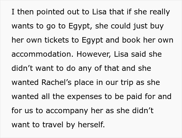 Text image detailing Lisa's reluctance to finance her own Egypt trip, seeking a funded spot instead.