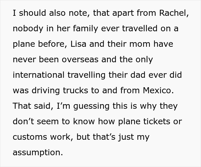 Text discussing travel experience of a family, referencing a potential issue with customs and plane tickets.