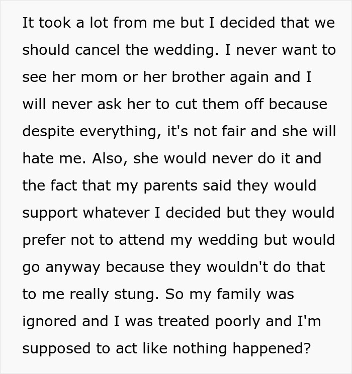 Text discussing wedding cancellation due to in-laws’ behavior.