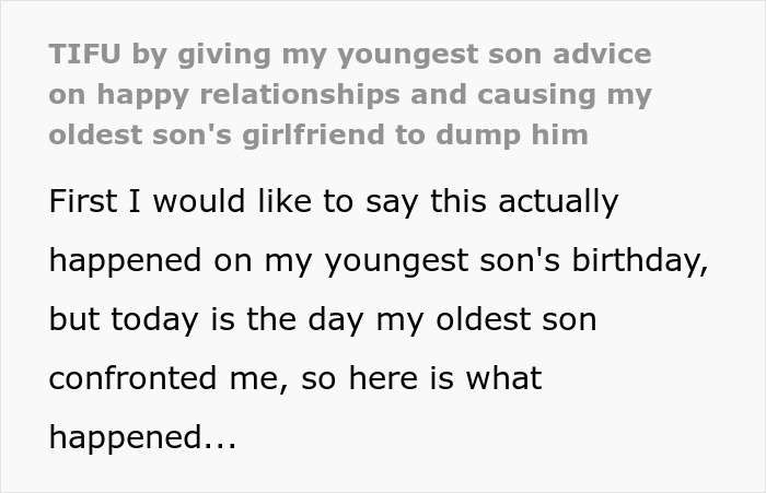 Text about dad giving relationship advice to youngest son, unintended consequences for oldest son's relationship.