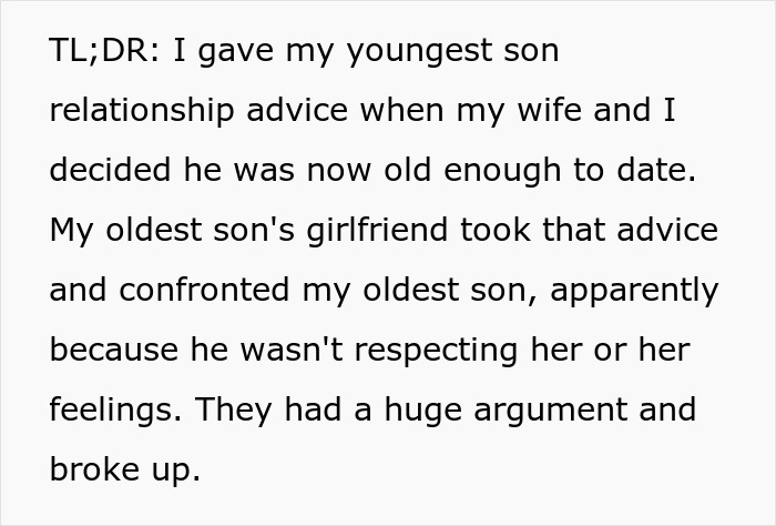 Text about dad giving relationship advice to youngest son, inadvertently exposing oldest son's flaws.