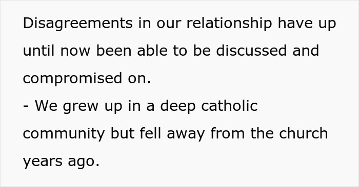 Text mentioning relationship disagreements and growing up in a Catholic community.