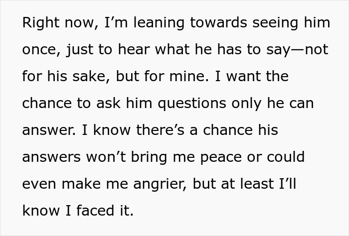 Text discussing a father's return after 15 years; focuses on seeking answers and emotional resolution.