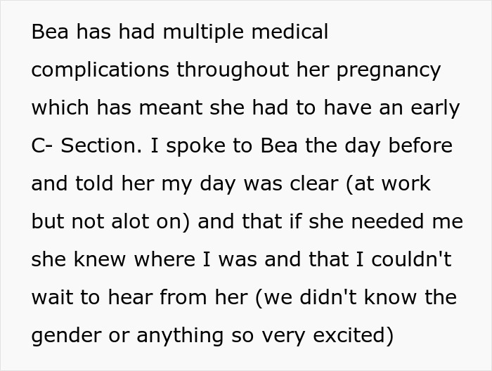 Text describing a pregnancy complication and anticipation for a sister's baby's birth.