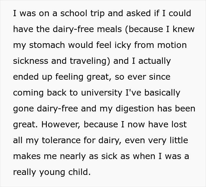 Text about dealing with a dairy allergy on a school trip and its effects on digestion.