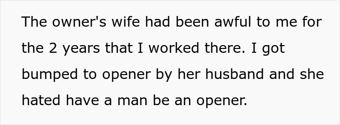 Text describing a female boss upset by her husband's decision to promote a male employee.