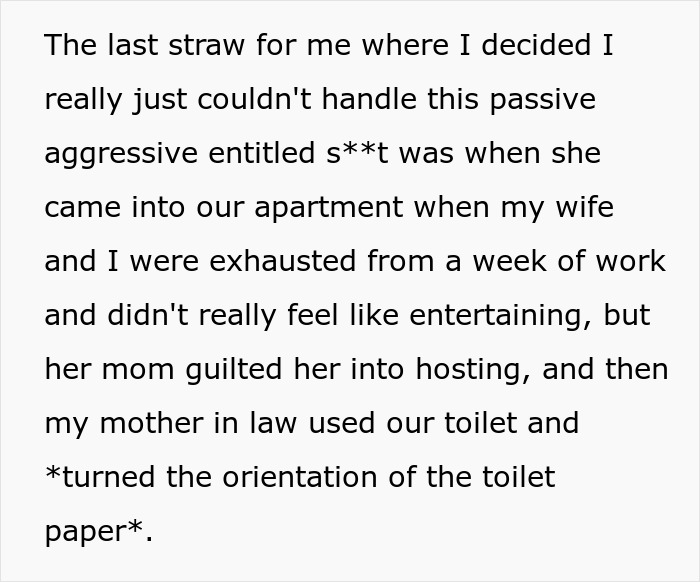 Text describing a husband's frustration with controlling mother-in-law over toilet paper orientation.