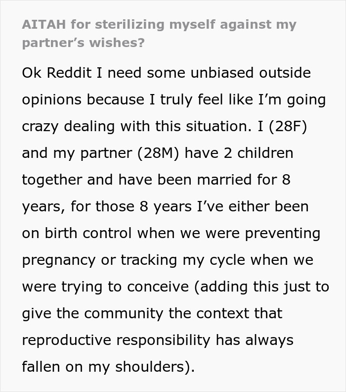 Text discussing sterilization decision without partner's agreement, focusing on relationship dynamics and reproductive choices.