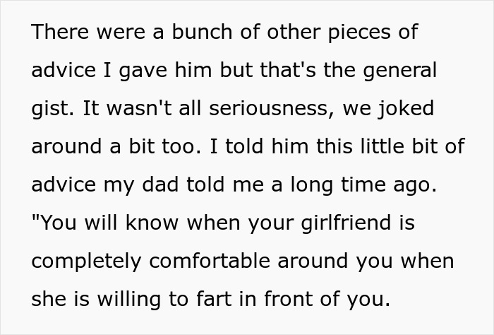 Text on advice about relationship comfort and humor given by a dad to his son, with a humorous note on girlfriend comfort.