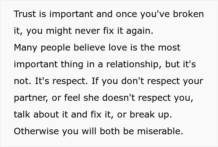 Text discussing trust and respect in relationships, emphasizing the importance of respect over love for being a good boyfriend.