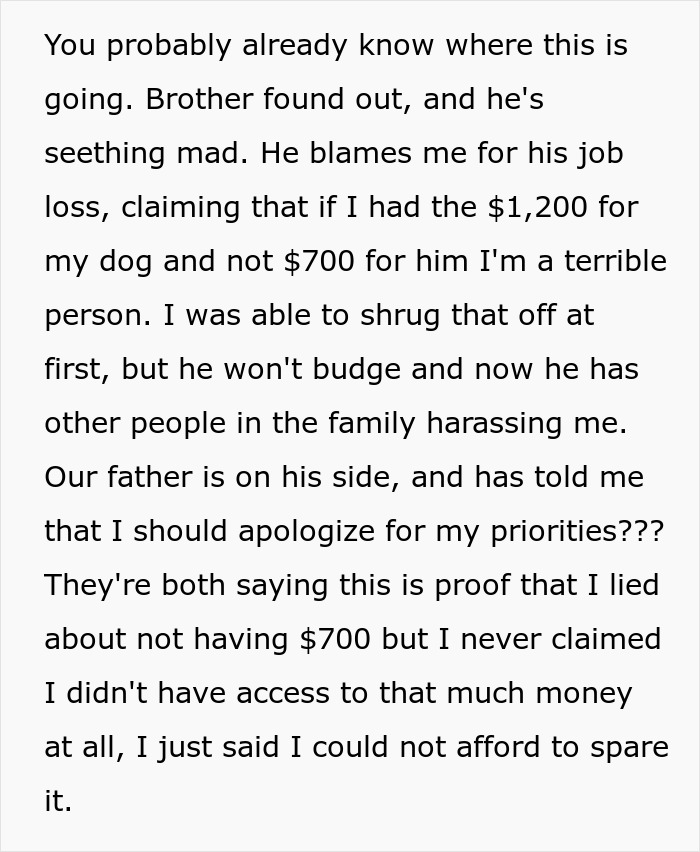 Text discussing a woman refusing to lend $700 to her brother, spending $1,200 on her dog instead, causing family conflict.