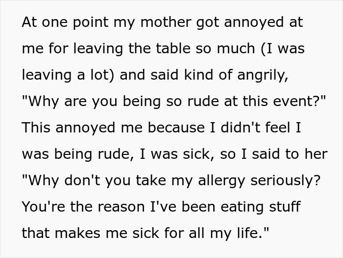 Text exchange about parents confronting their child at an event over an allergy issue.